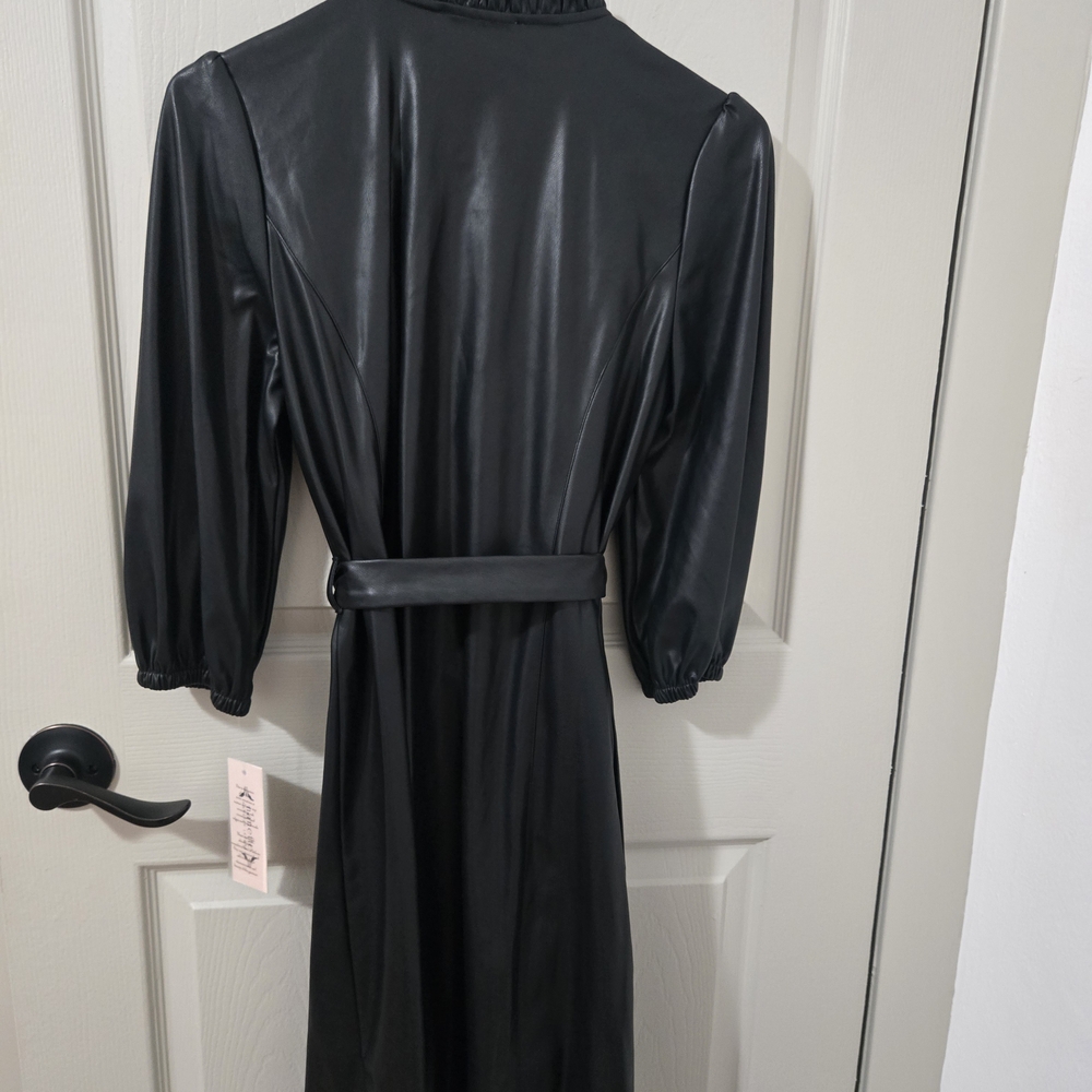 Nanette Lepore Faux Leather Belted  Black Button Up Midi Dress Sz 4 - Picture 7 of 9